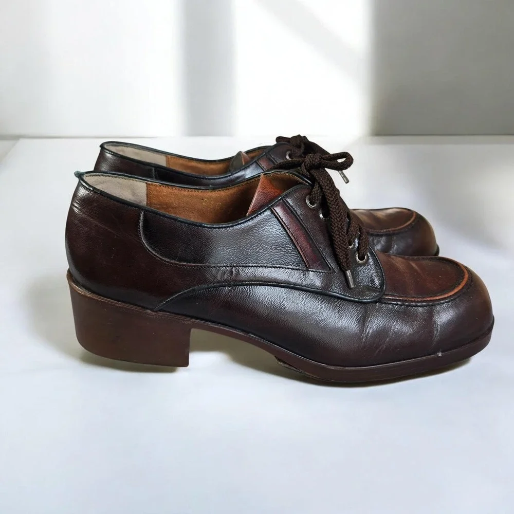 VTG 70s Pellet France Men Shoes 9.5 Brown Leather Lace Up Block Cuban Heel Disco